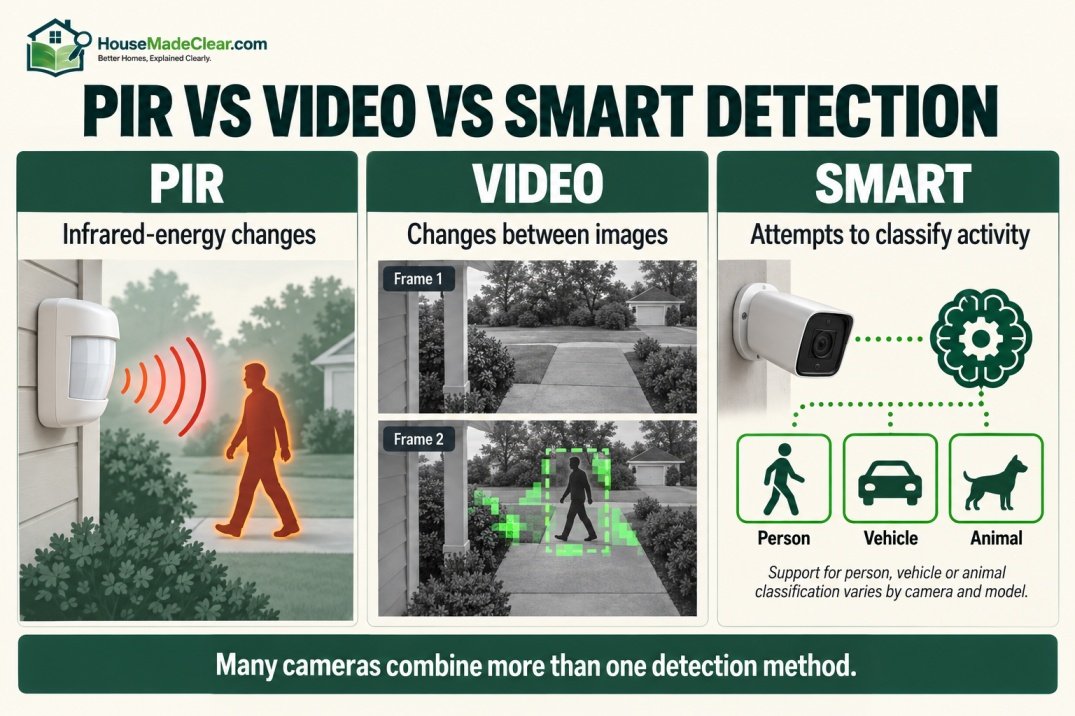 Comparison of PIR infrared sensing, video-frame motion detection and smart object classification