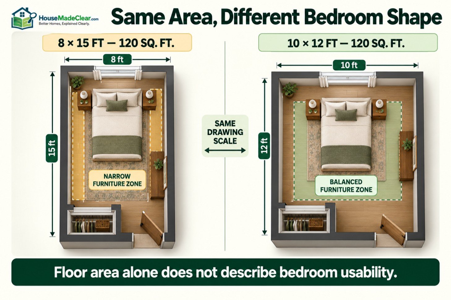 Comparison of 8 × 15-foot and 10 × 12-foot bedrooms with the same 120-square-foot area