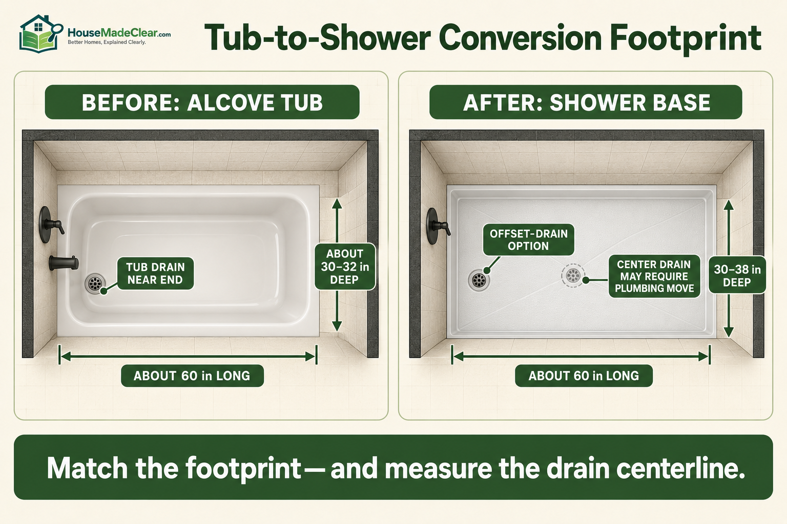 Tub-to-shower conversion comparing a 60-inch alcove tub and shower-base footprints with offset and center drains