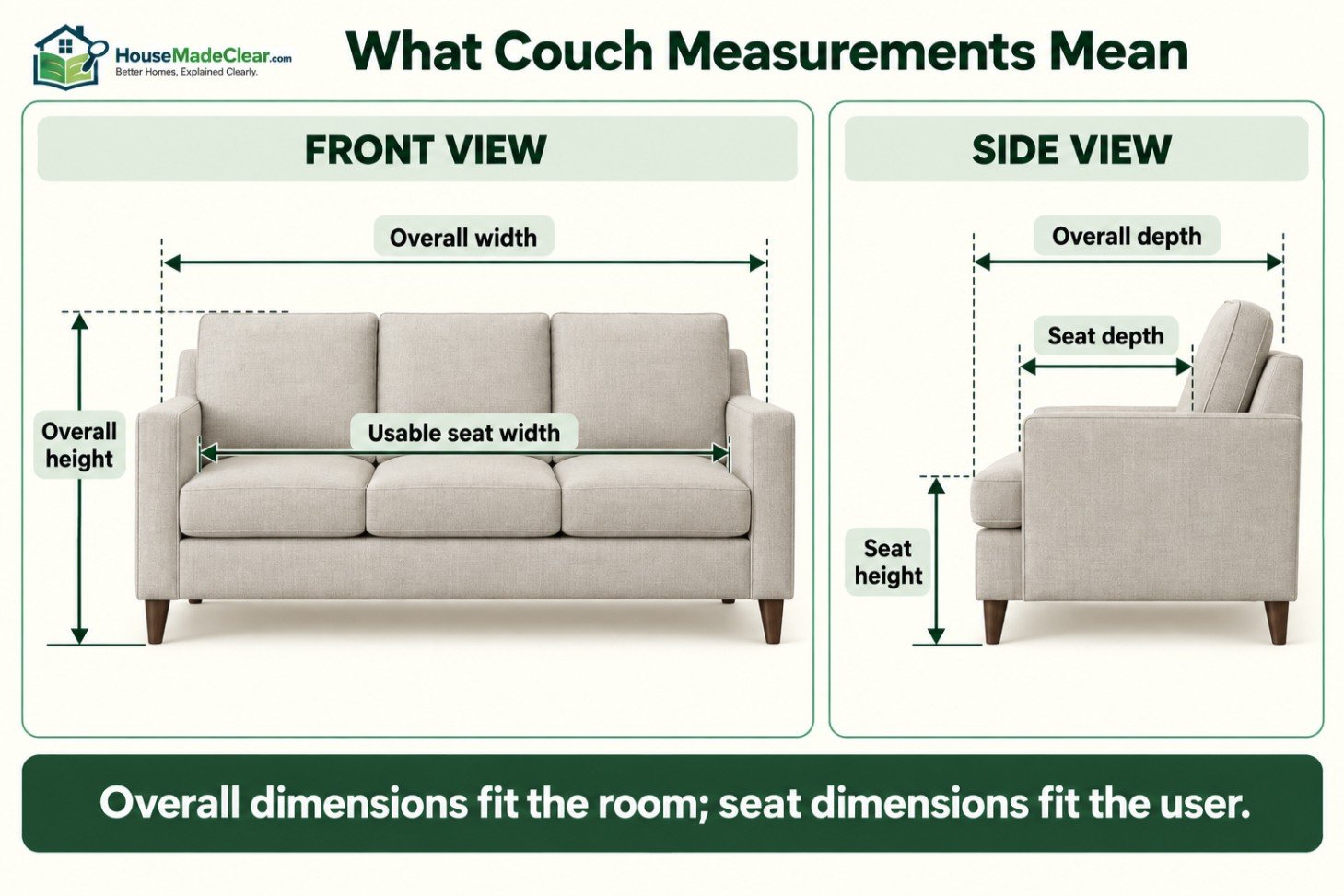 Front and side sofa diagrams showing overall width, usable seat width, overall height, overall depth, seat depth and seat height