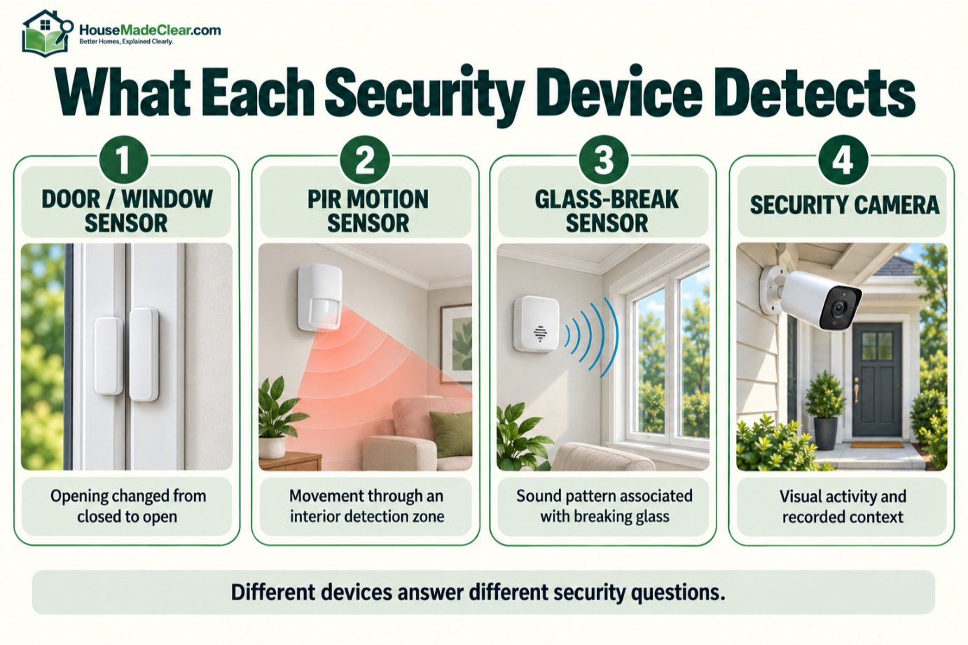 Comparison of what door contacts, PIR motion sensors, glass-break sensors and security cameras detect