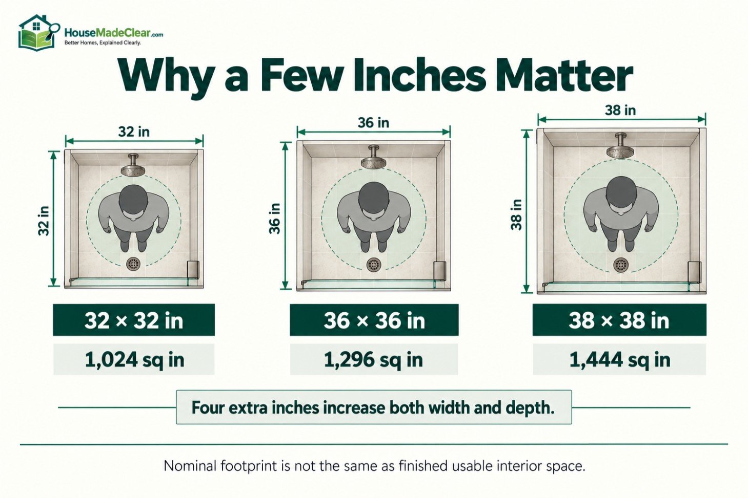 Gross floor-area comparison of 32×32, 36×36 and 38×38-inch square corner showers