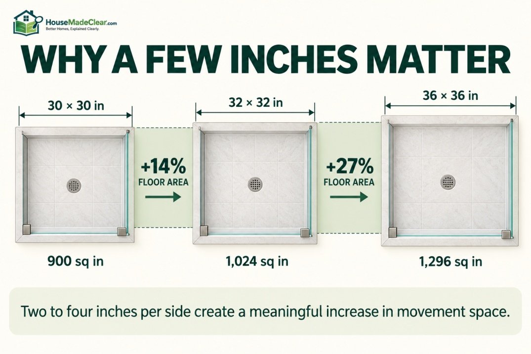 Floor-area increase from a 30 × 30 shower to 32 × 32 and 36 × 36-inch showers