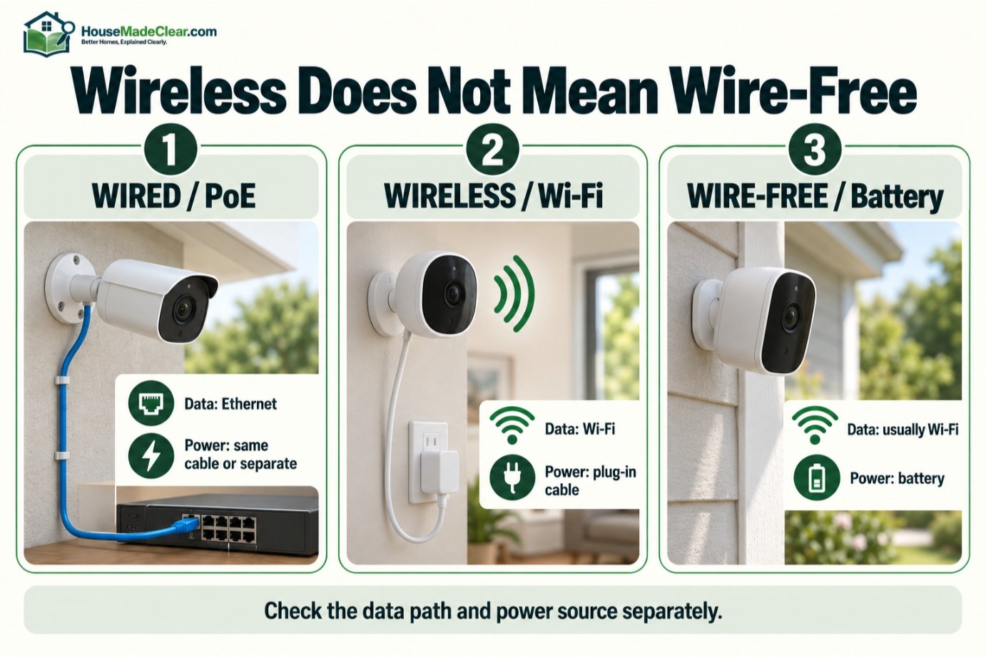 Difference between wired PoE, plug-in Wi-Fi and battery-powered wire-free security cameras
