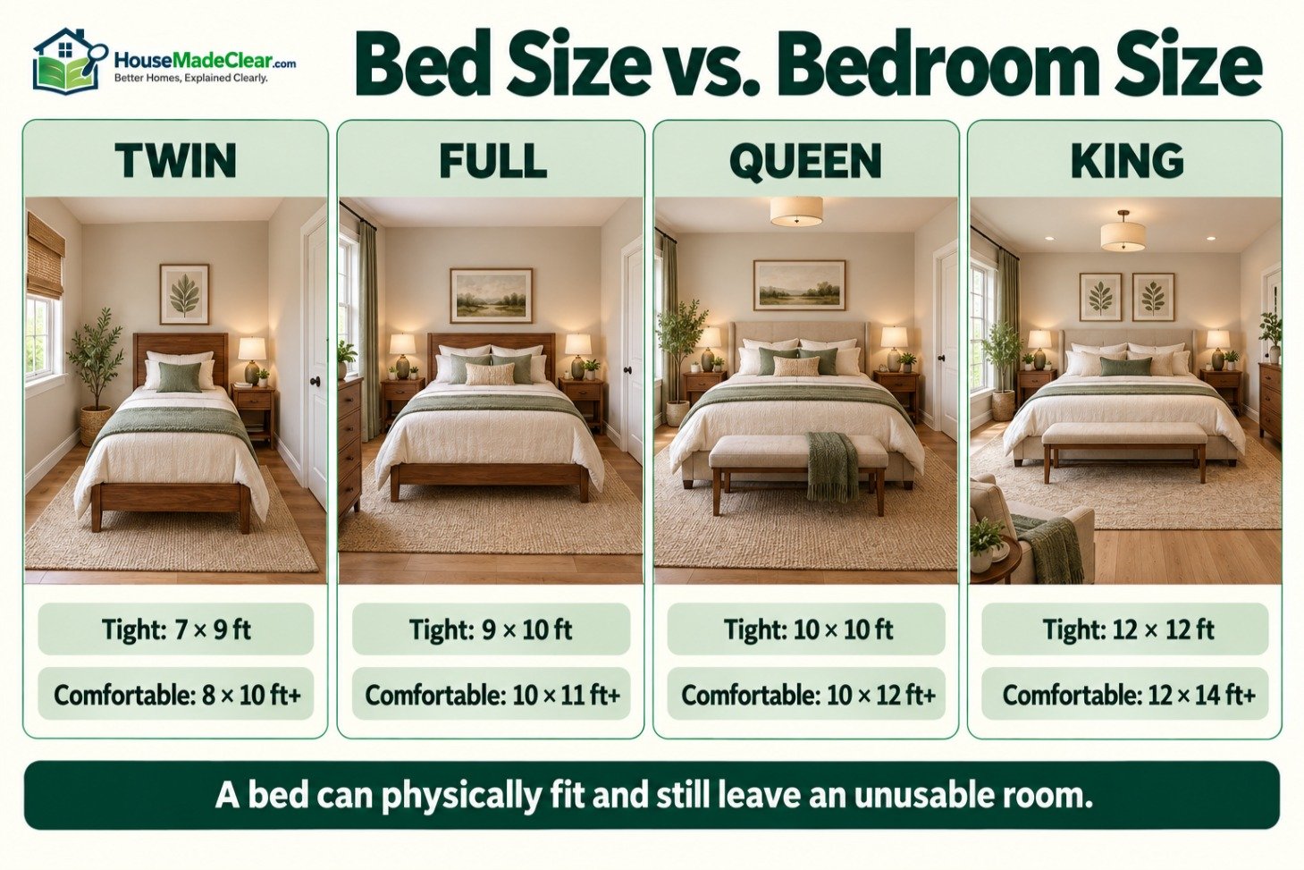 Tight and comfortable room-size starting points for twin, full, queen and king beds