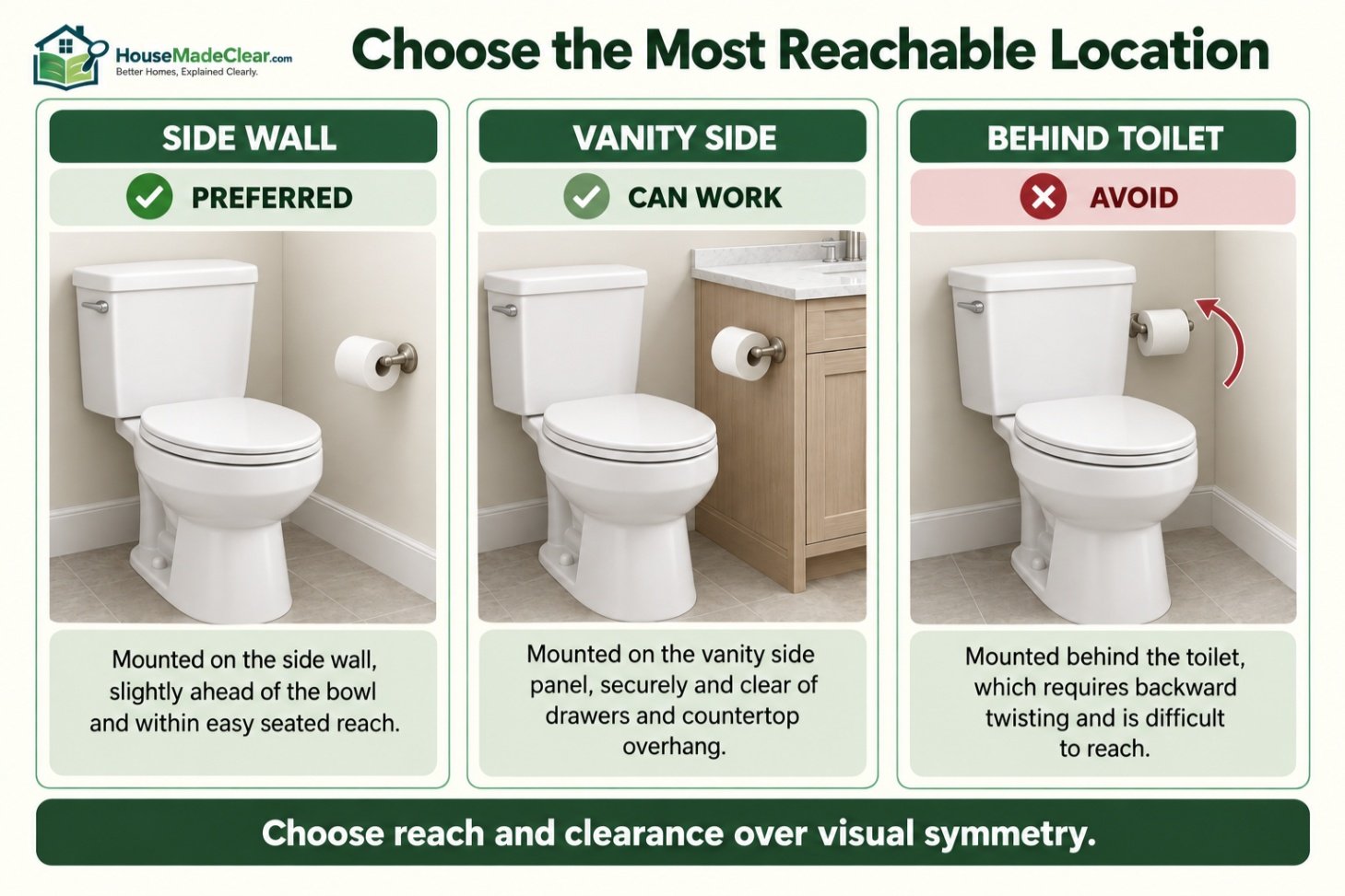 Comparison of toilet paper holders on a side wall, vanity side and behind the toilet