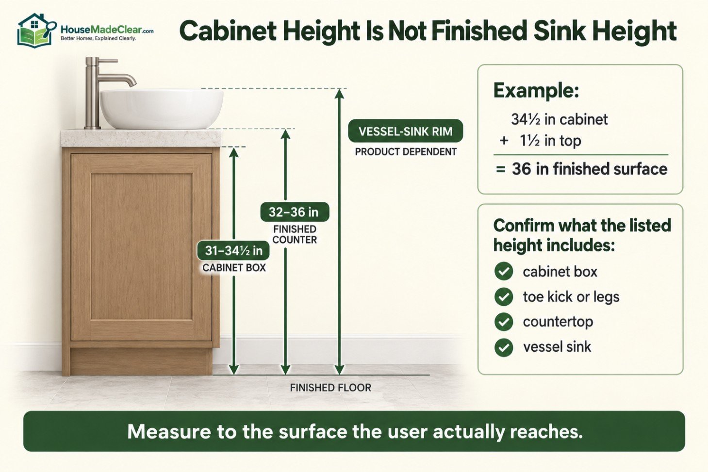 Difference between bathroom cabinet-box height, finished countertop height and vessel-sink rim height