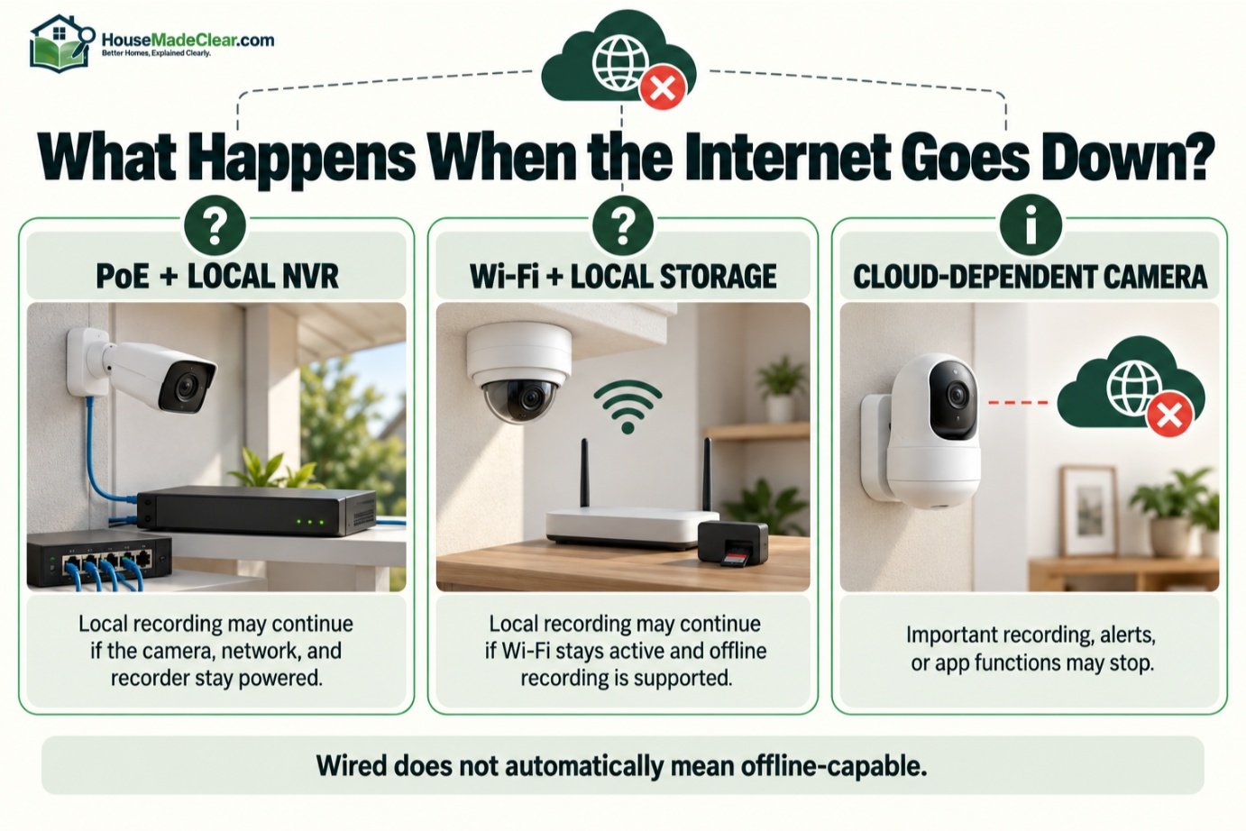 How PoE cameras with an NVR, Wi-Fi cameras with local storage and cloud-dependent cameras may behave during an internet outage