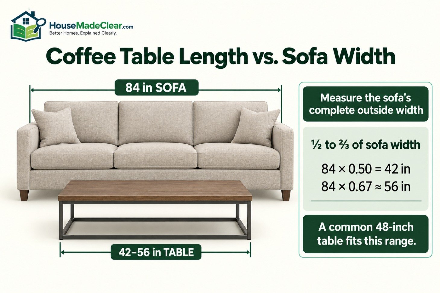 An 84-inch sofa paired with a recommended 42–56-inch coffee table based on the one-half to two-thirds guideline