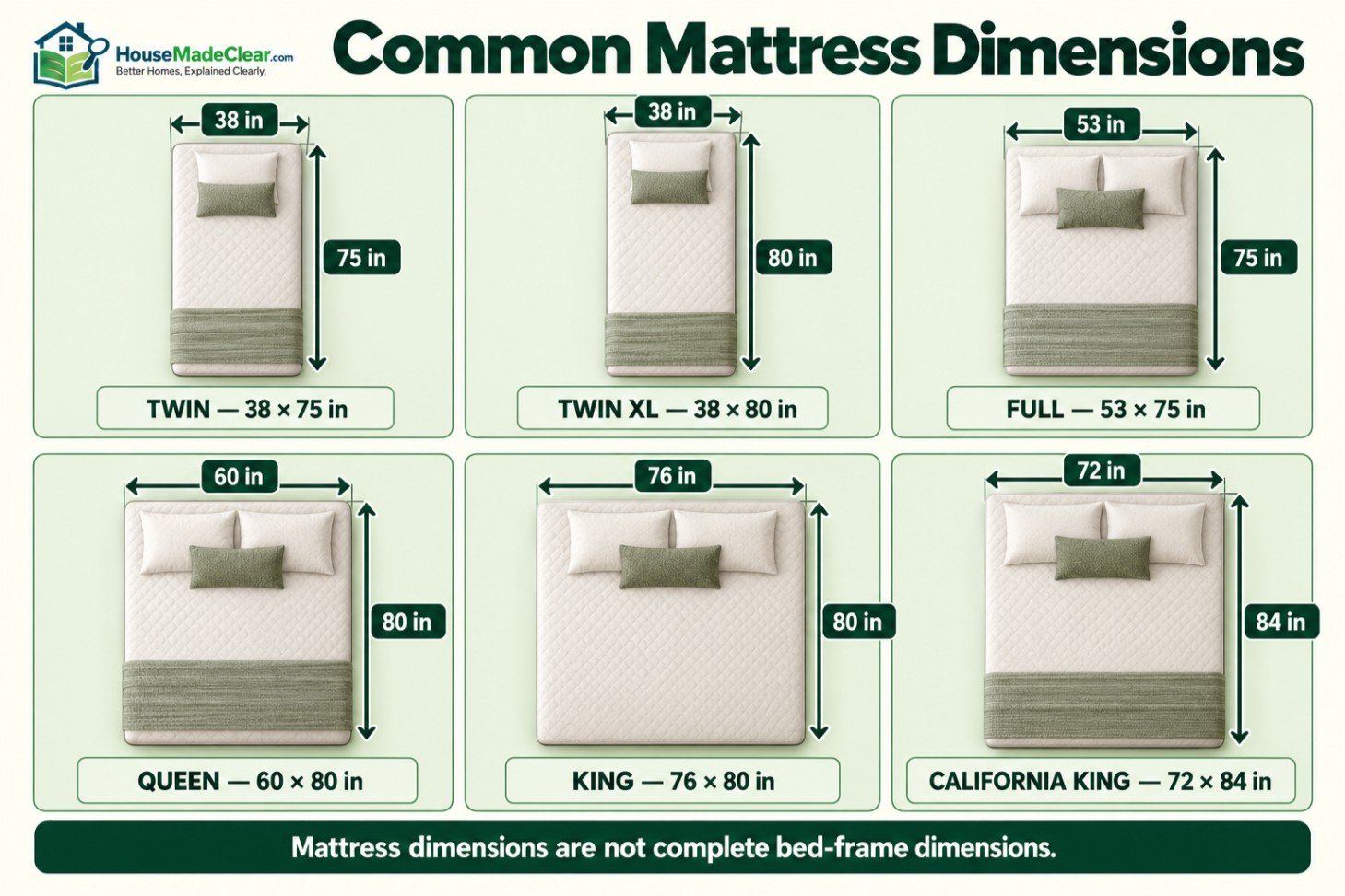 Width and length measurements for twin, twin XL, full, queen, king and California king mattresses