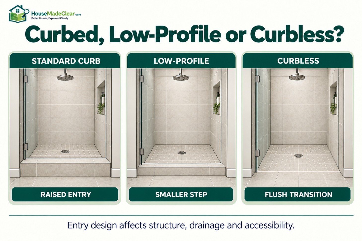 Comparison of a standard raised shower curb, a low-profile threshold and a curbless shower entry