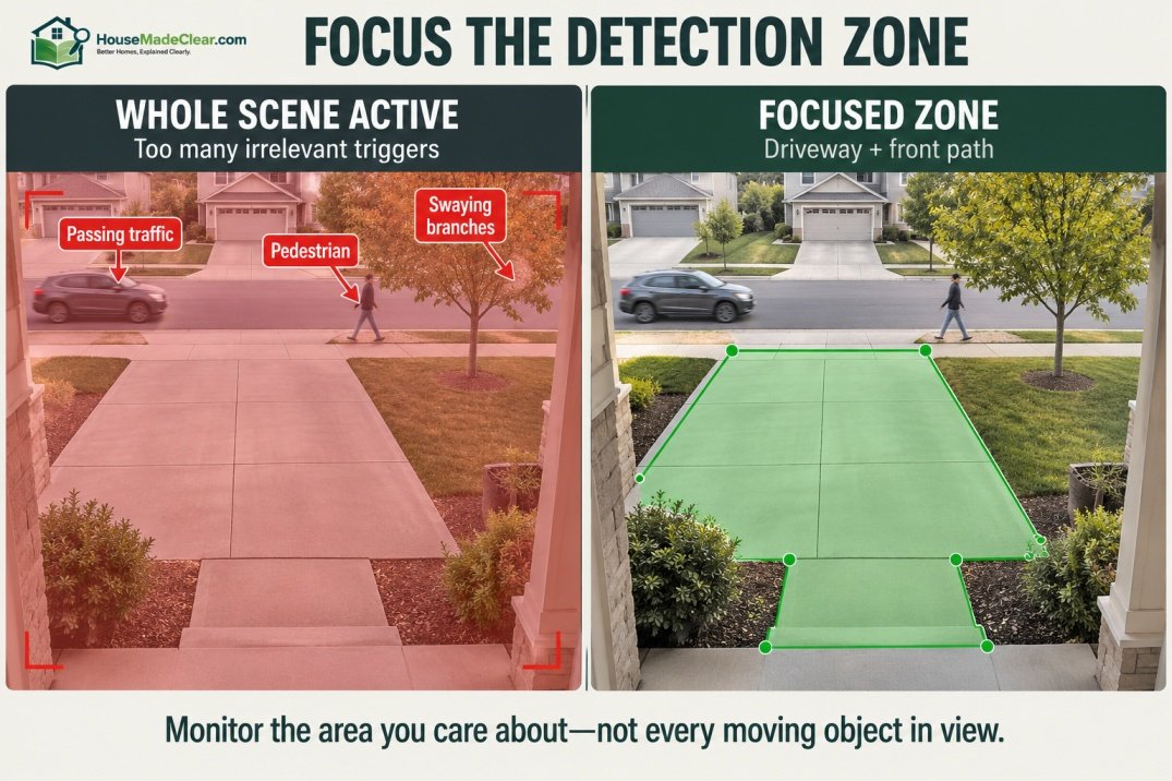Whole-scene camera monitoring compared with a focused driveway and front-path detection zone