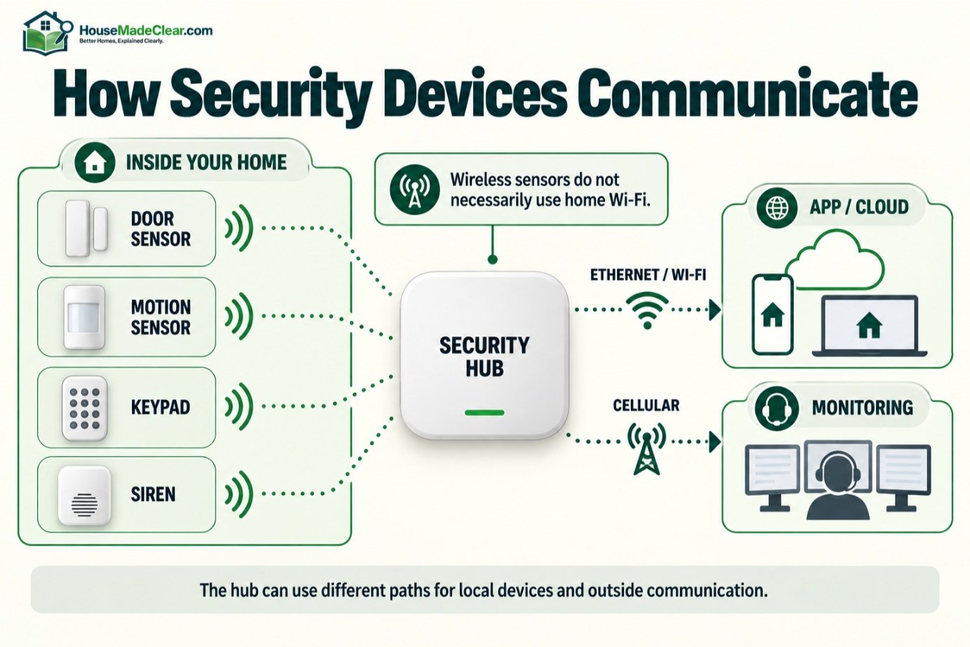 Diagram showing local security sensors communicating with a hub that uses internet and cellular connections