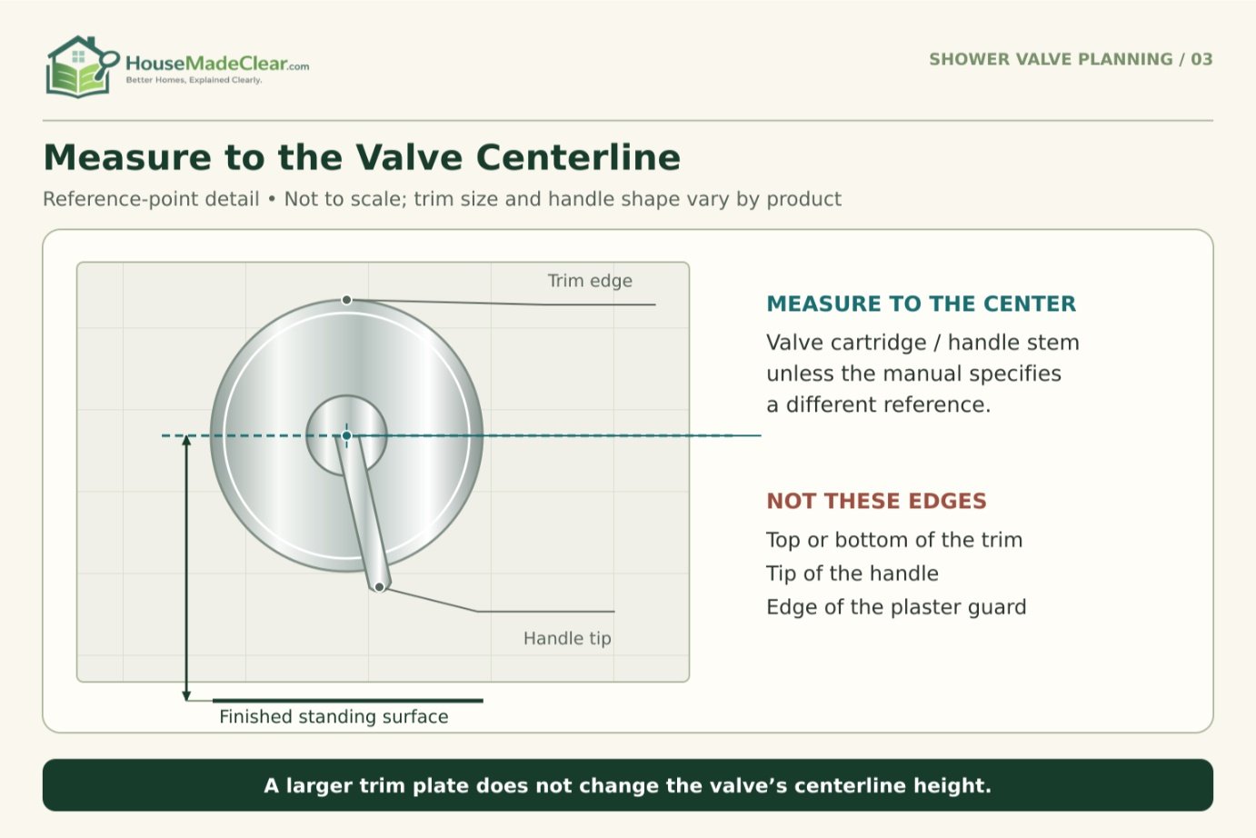 Shower control centerline identified at the handle stem, rather than the trim edge or handle tip.