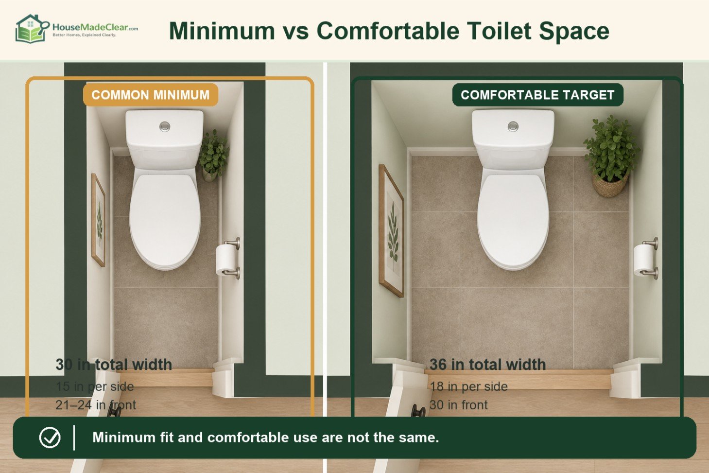 [Minimum vs Comfortable Clearance](/Users/deepakmishra/.codex/.chatgpt-projects/g-p-6a64fcbfd9ec819195eb6d246175ee1e/toilet-clearance-article-images/03-minimum-vs-comfortable-clearance.png)Comparison between a 30-inch minimum toilet zone and a comfortable 36-inch-wide layout