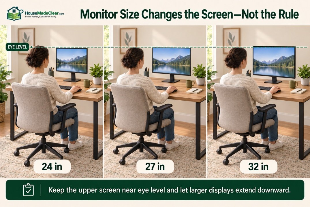 24-, 27- and 32-inch monitors aligned with their upper screens near the same seated eye level