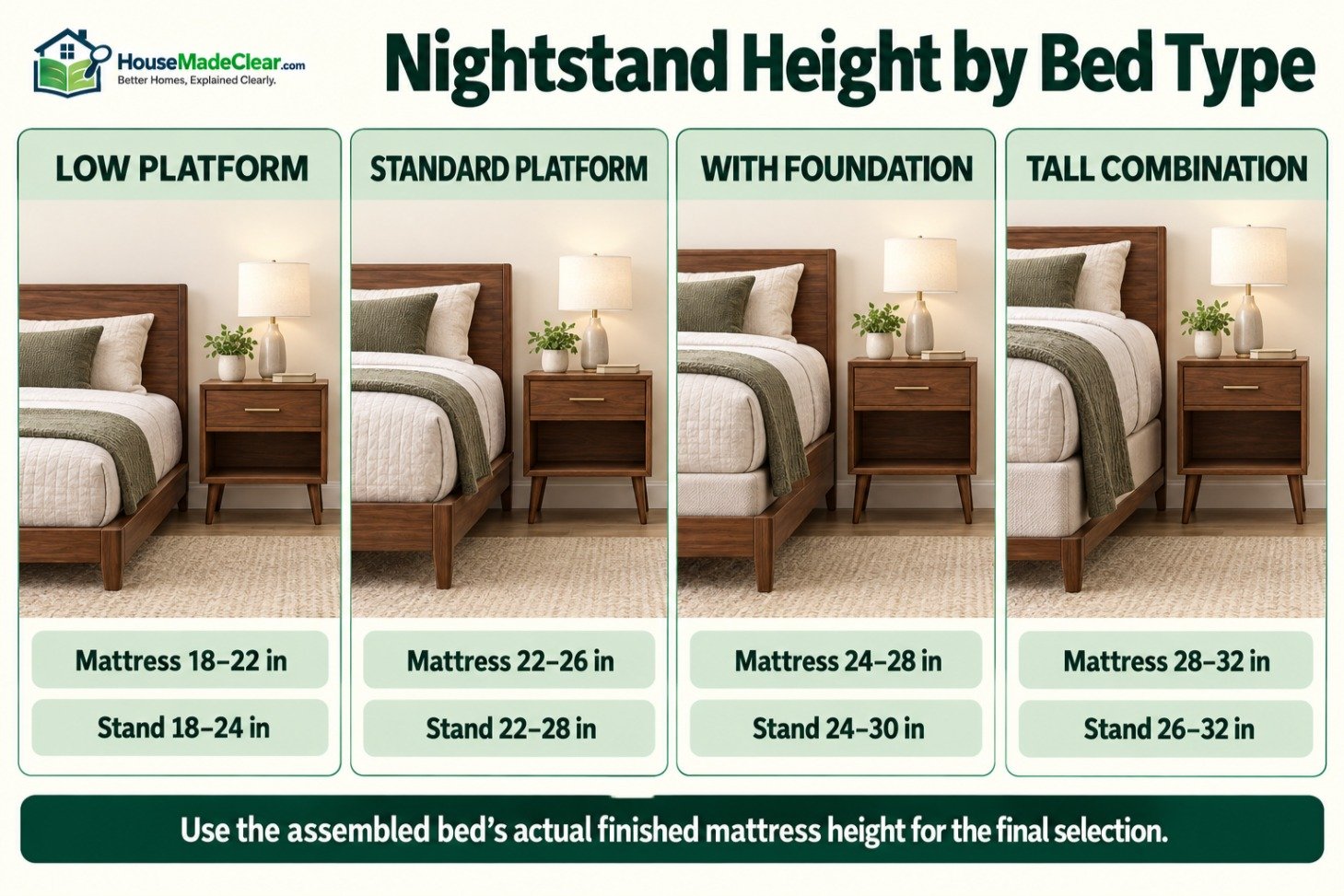 Suggested nightstand heights for low platform, standard, foundation and tall beds