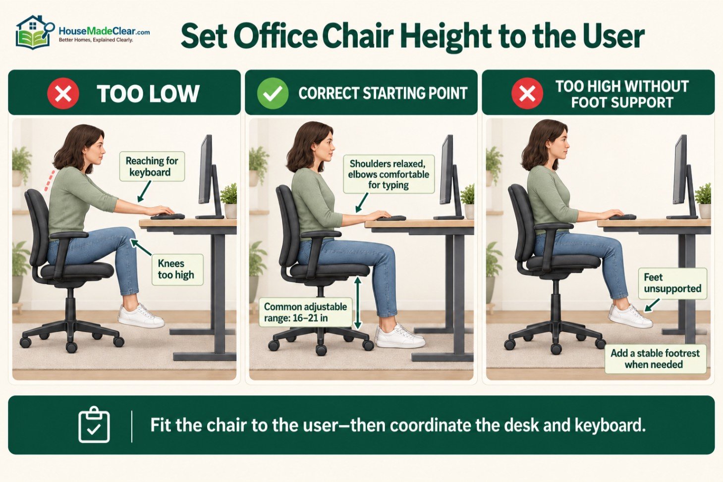 Office chair set too low, correctly adjusted and too high without foot support