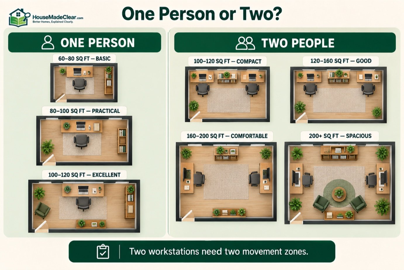 Home-office size ranges for one-person and two-person workspaces