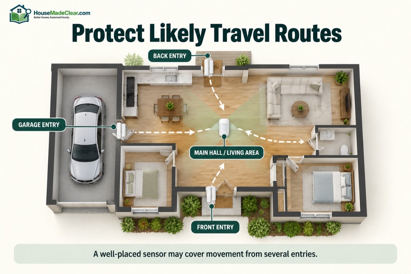 Home floor plan showing a motion sensor covering travel routes from the front, back and garage entries