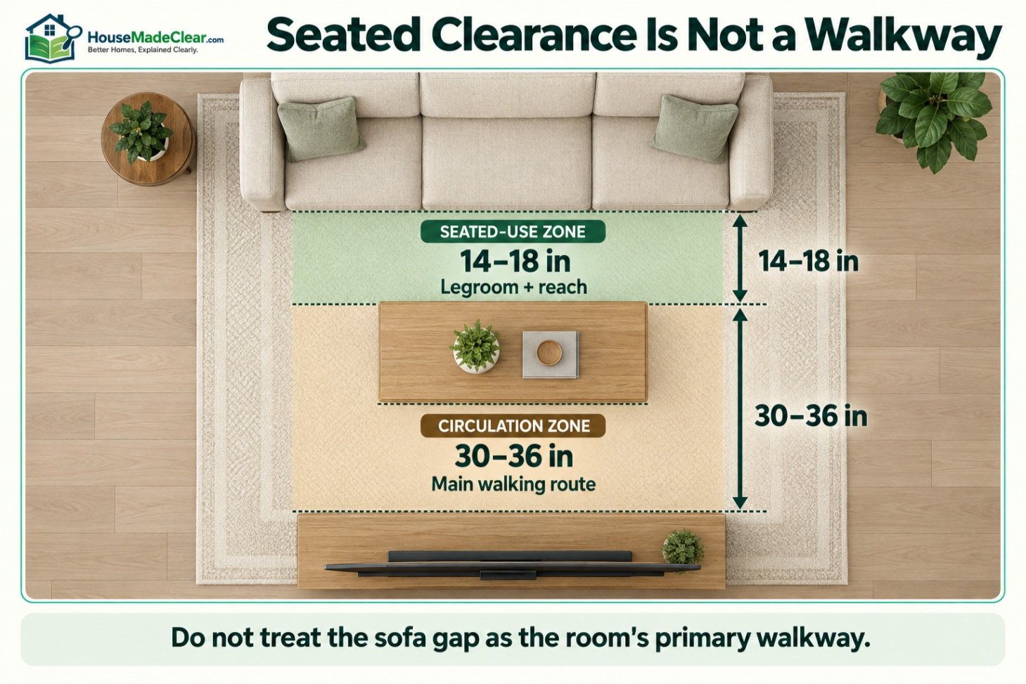 Top-down living-room plan comparing a 14–18-inch seated-use gap with a 30–36-inch circulation route