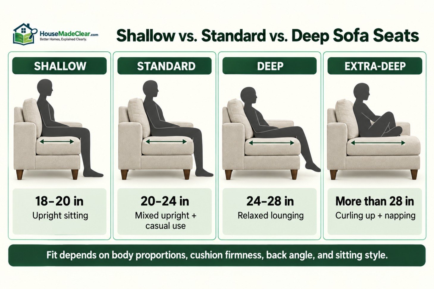 Comparison of shallow, standard, deep and extra-deep sofa seats and their typical sitting styles