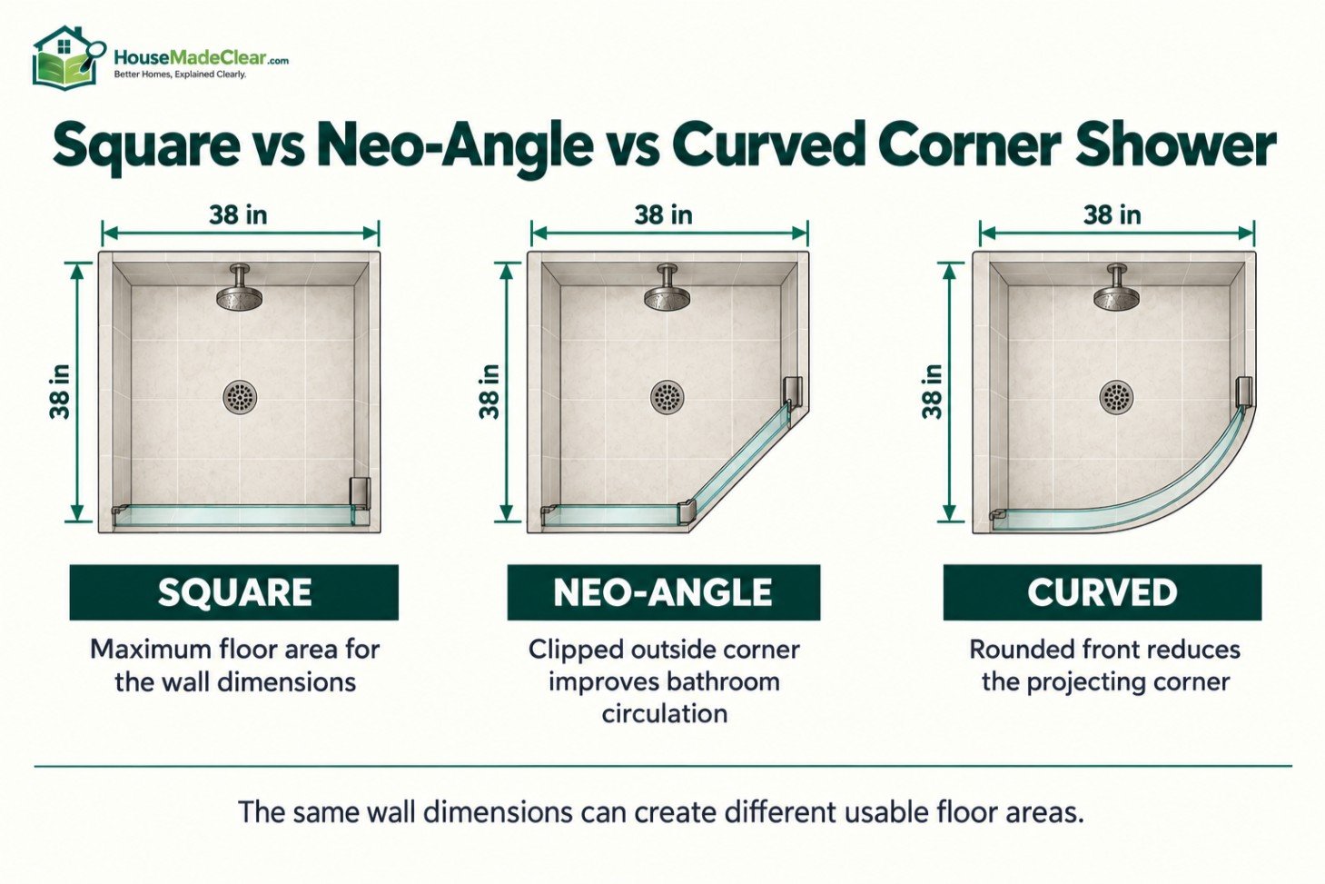 Top-down comparison of square, neo-angle and curved corner showers with the same wall dimensions