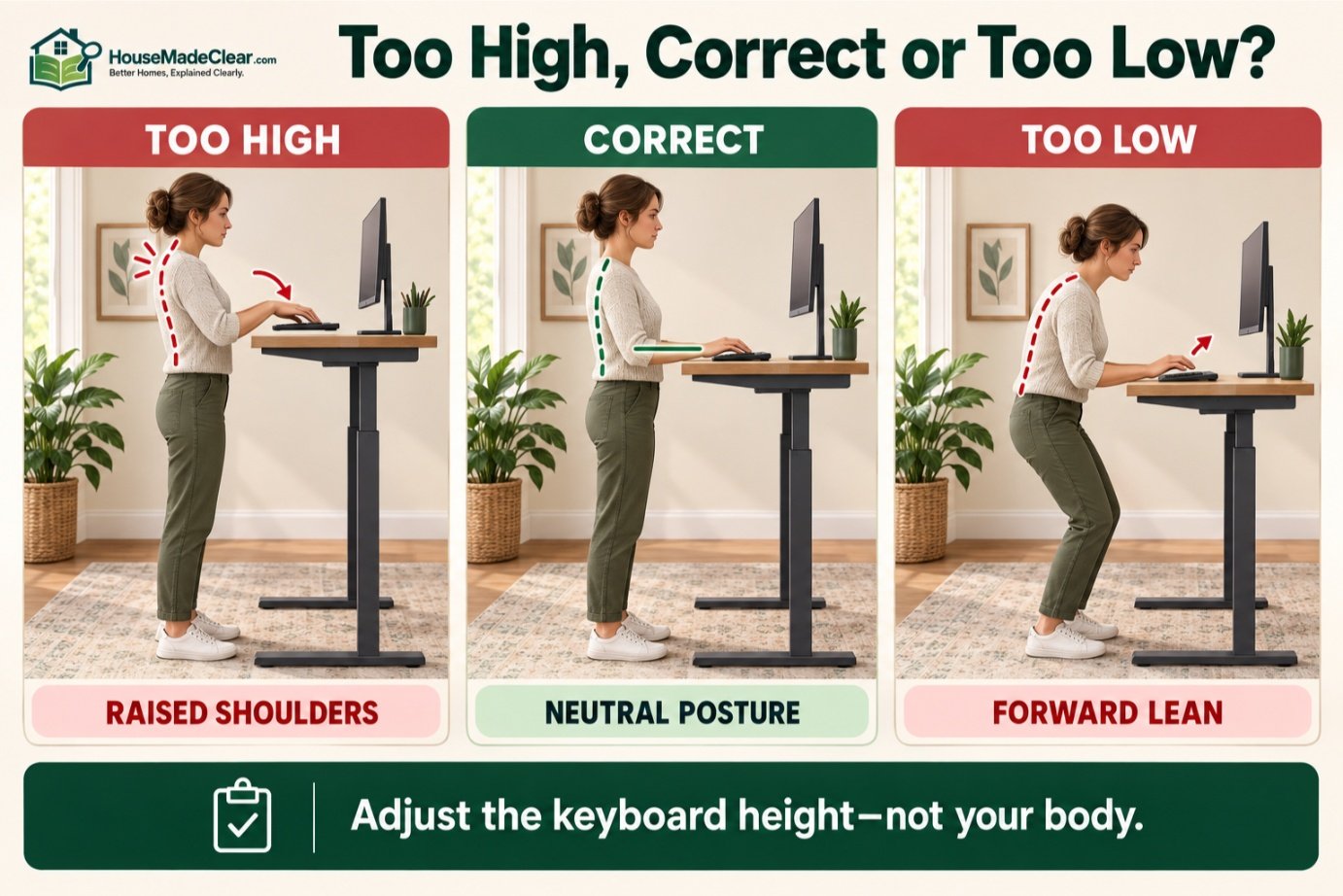 Comparison of standing-desk positions that are too high, ergonomically neutral and too low