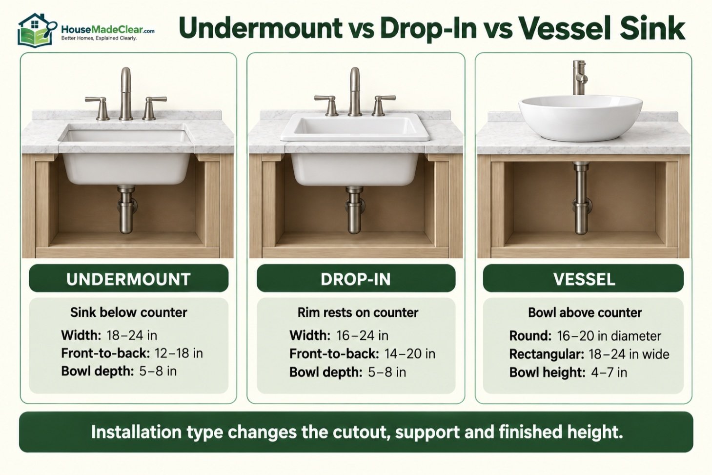 Comparison of undermount, drop-in and vessel bathroom sink installation positions and common dimensions