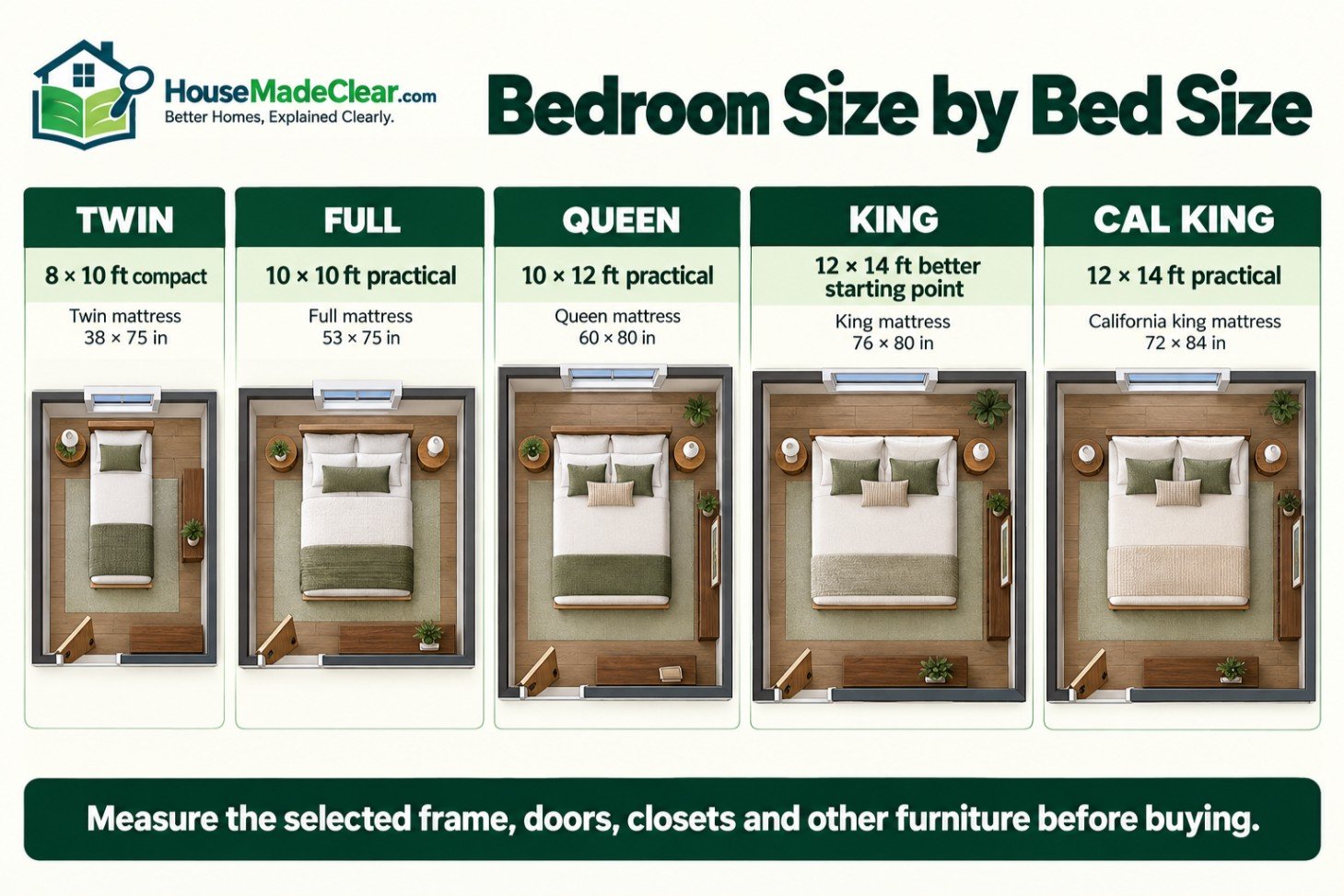 Practical bedroom-size starting points for twin, full, queen, king and California king beds