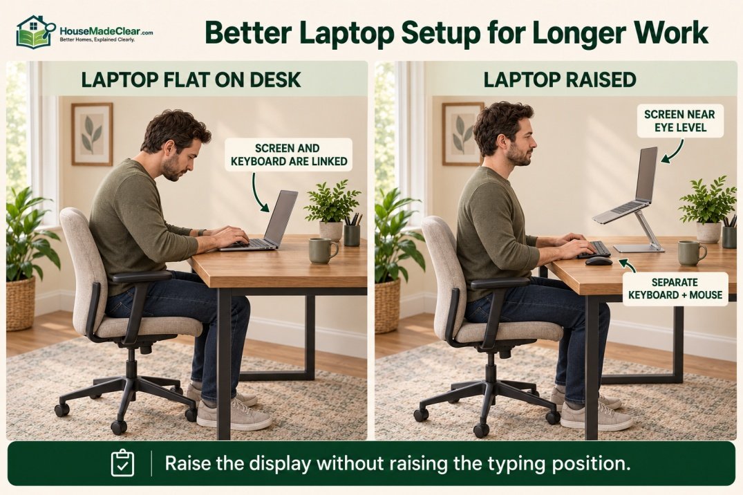 Laptop raised on a stable stand with an external keyboard and mouse compared with a laptop flat on a desk
