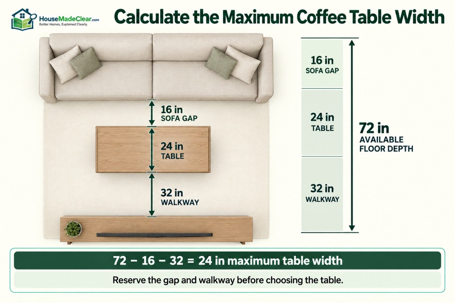 Top-down room plan calculating a 24-inch coffee table width from 72 inches of floor depth, a 16-inch sofa gap and a 32-inch walkway