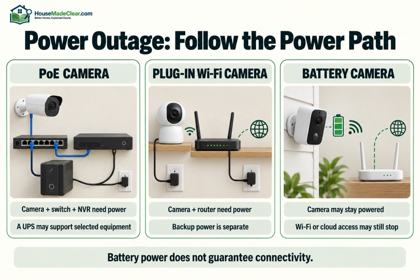 Power requirements for PoE, plug-in Wi-Fi and battery security cameras during an outage