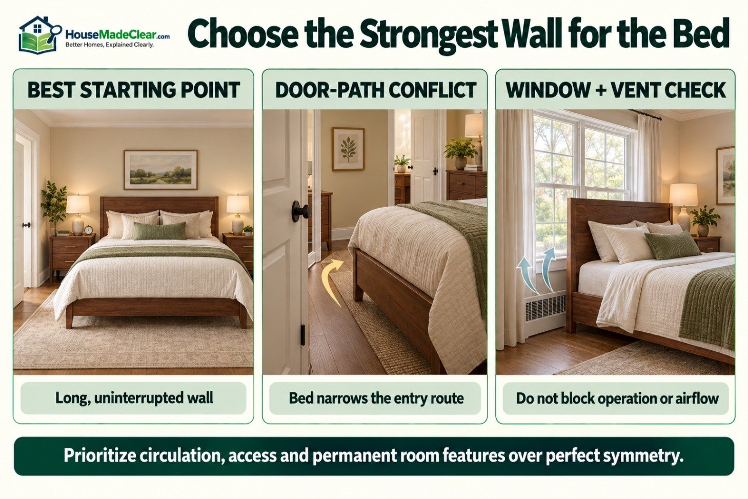 Best bed wall compared with a blocked doorway route and a window or vent conflict