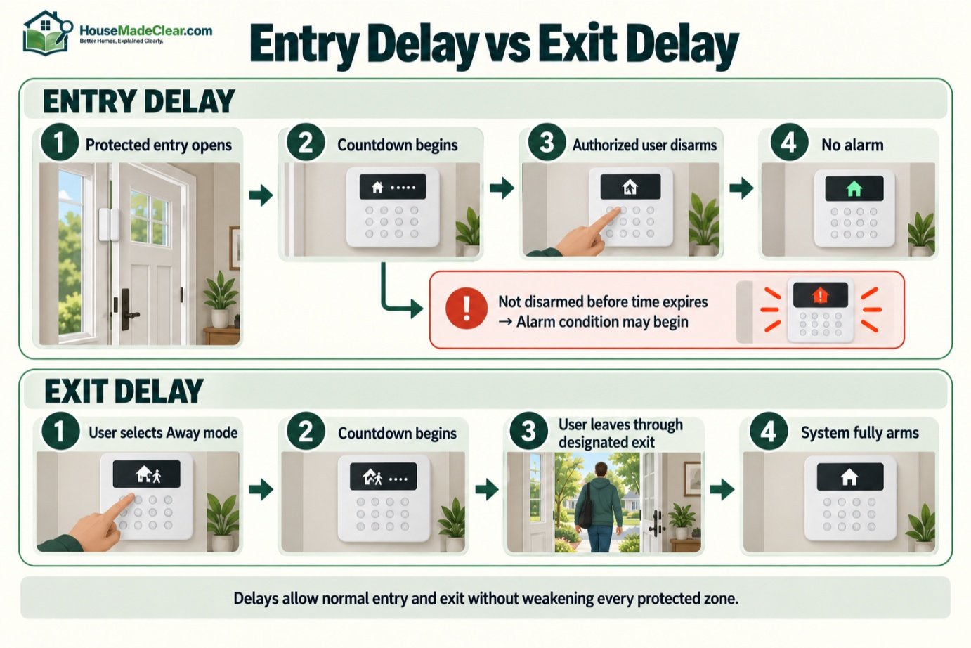 Home security entry-delay and exit-delay timelines showing when the system disarms or fully arms