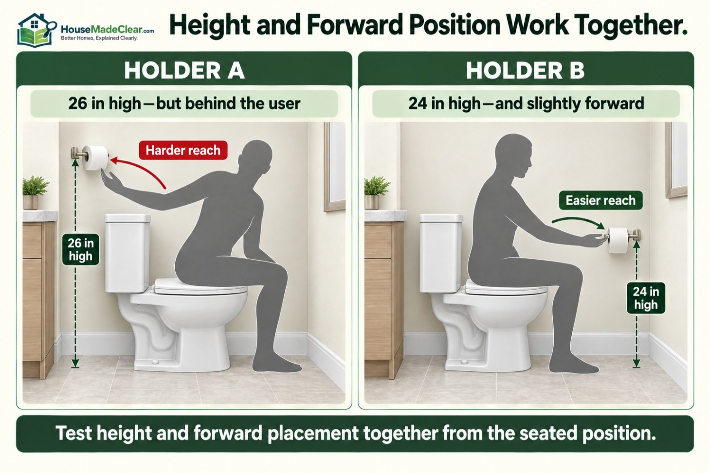 Comparison showing why a slightly forward toilet paper holder can be easier to reach than a higher holder behind the user