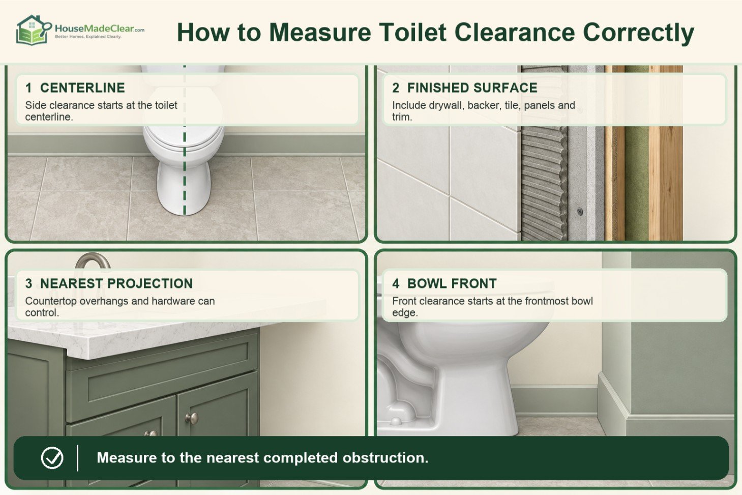 [How to Measure Toilet Clearance](/Users/deepakmishra/.codex/.chatgpt-projects/g-p-6a64fcbfd9ec819195eb6d246175ee1e/toilet-clearance-article-images/04-how-to-measure-toilet-clearance.png)Four-part guide illustrating the centerline, finished surfaces, nearest projections and bowl-front measurement points