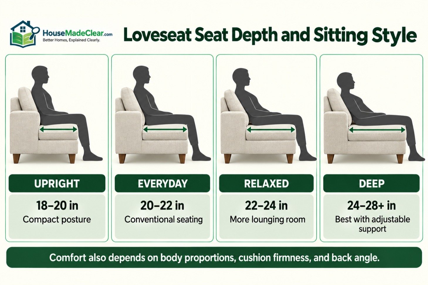 Comparison of upright, everyday, relaxed and deep loveseat seat depths from 18 to more than 28 inches