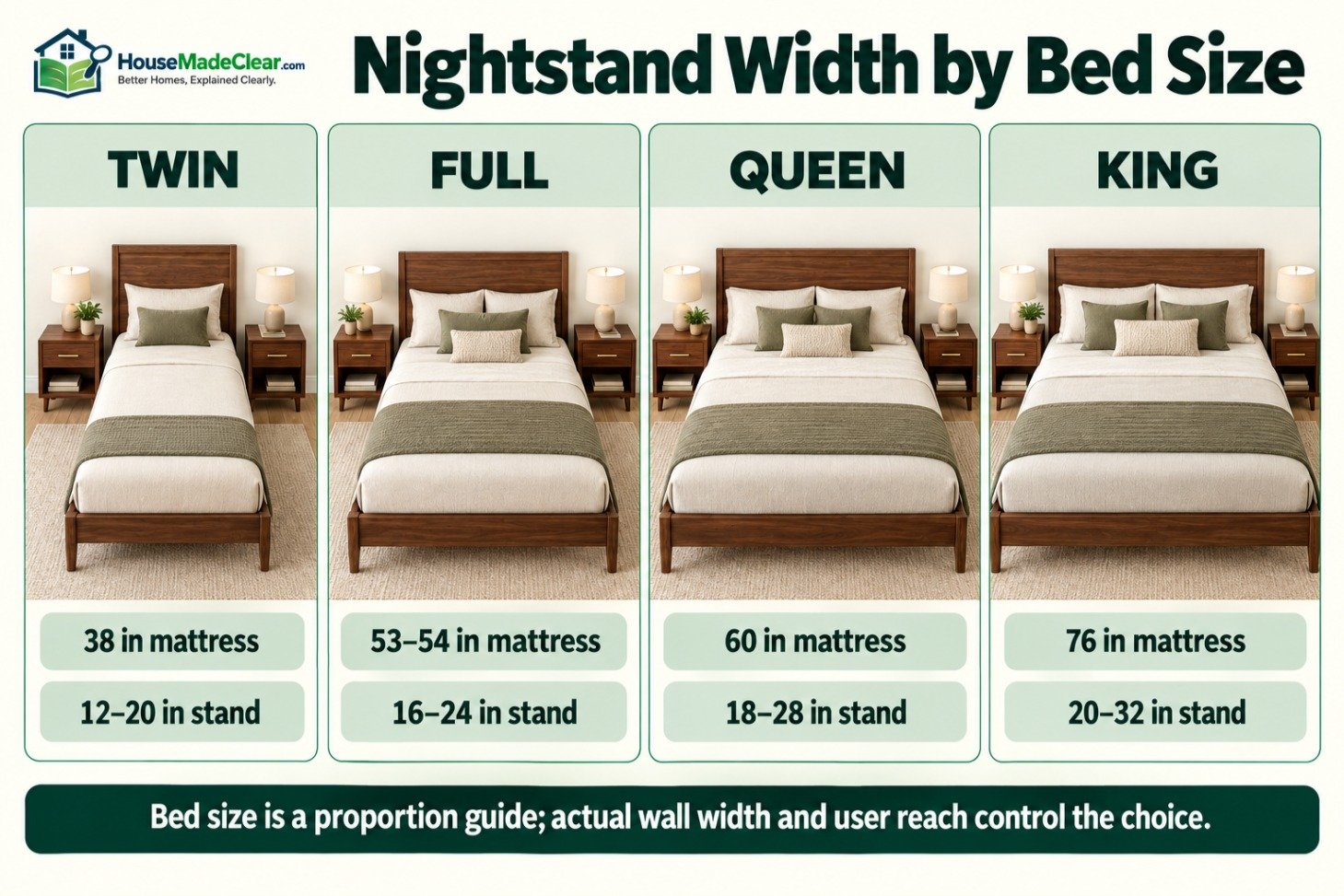 Suggested nightstand-width ranges for twin, full, queen and king beds