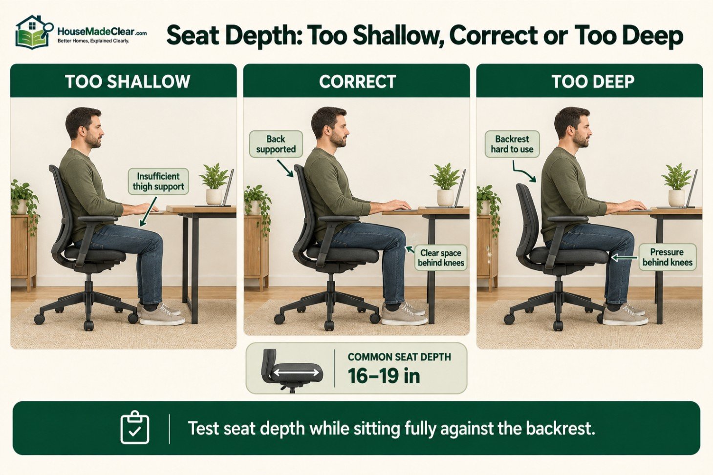 Comparison of office-chair seats that are too shallow, correctly sized and too deep