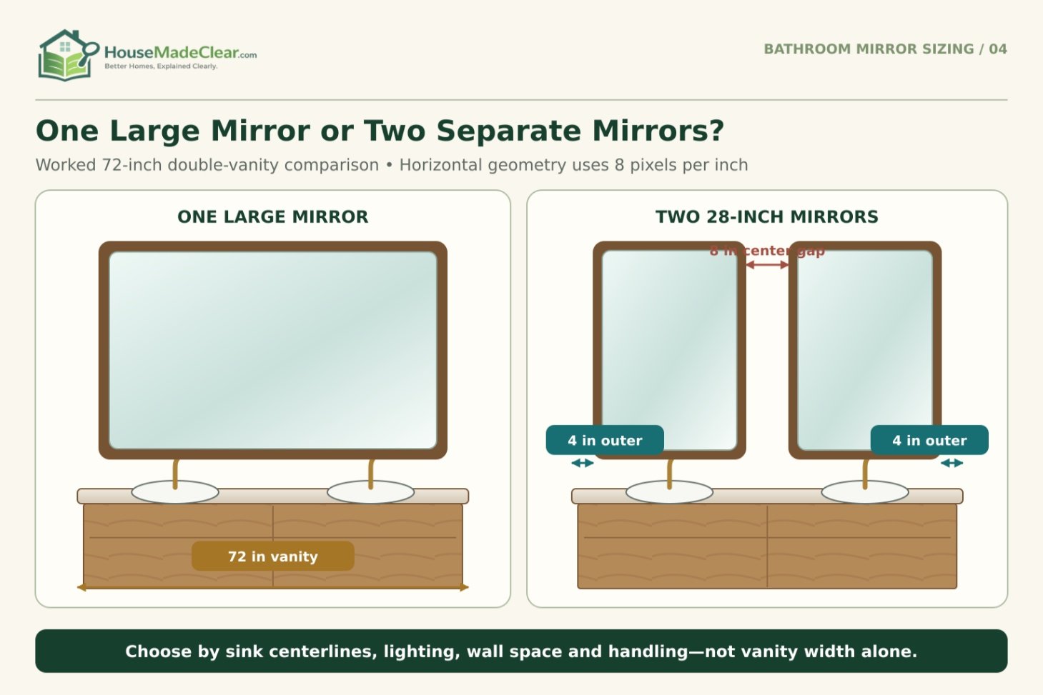 Comparison of one large mirror and two 28-inch mirrors above a 72-inch double vanity, with 4-inch outer margins and an 8-inch center gap