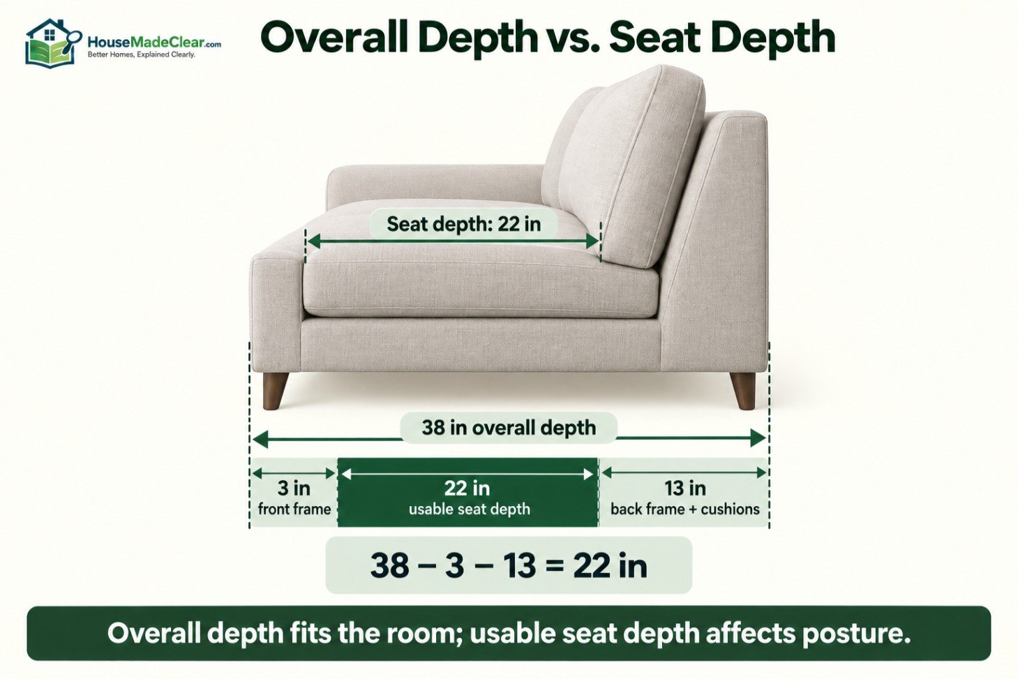 A 38-inch-deep sofa broken into a 3-inch front frame, 22-inch usable seat and 13-inch back frame and cushions