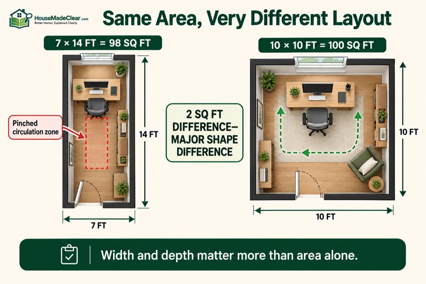 Comparison of a narrow 7×14 office and a square 10×10 office with nearly equal floor area