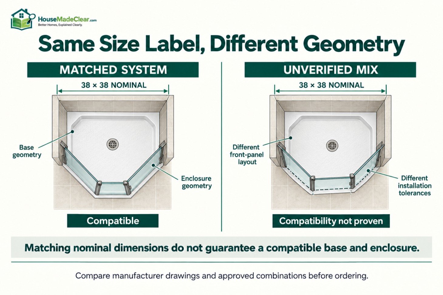Why two 38×38 nominal shower bases and enclosures may use different front-panel geometry and tolerances