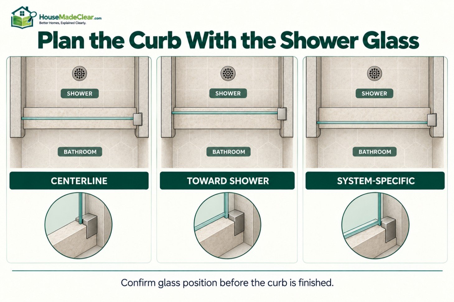 Top-down comparison of centerline, shower-side and system-specific glass positions across a shower curb