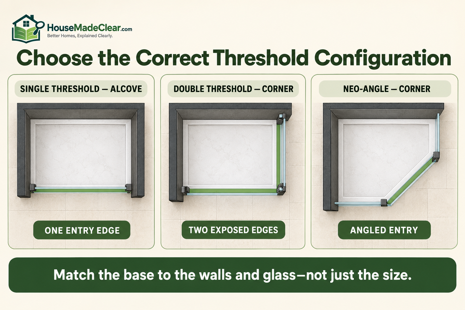 Single-threshold alcove, double-threshold corner and neo-angle shower pan configurations
