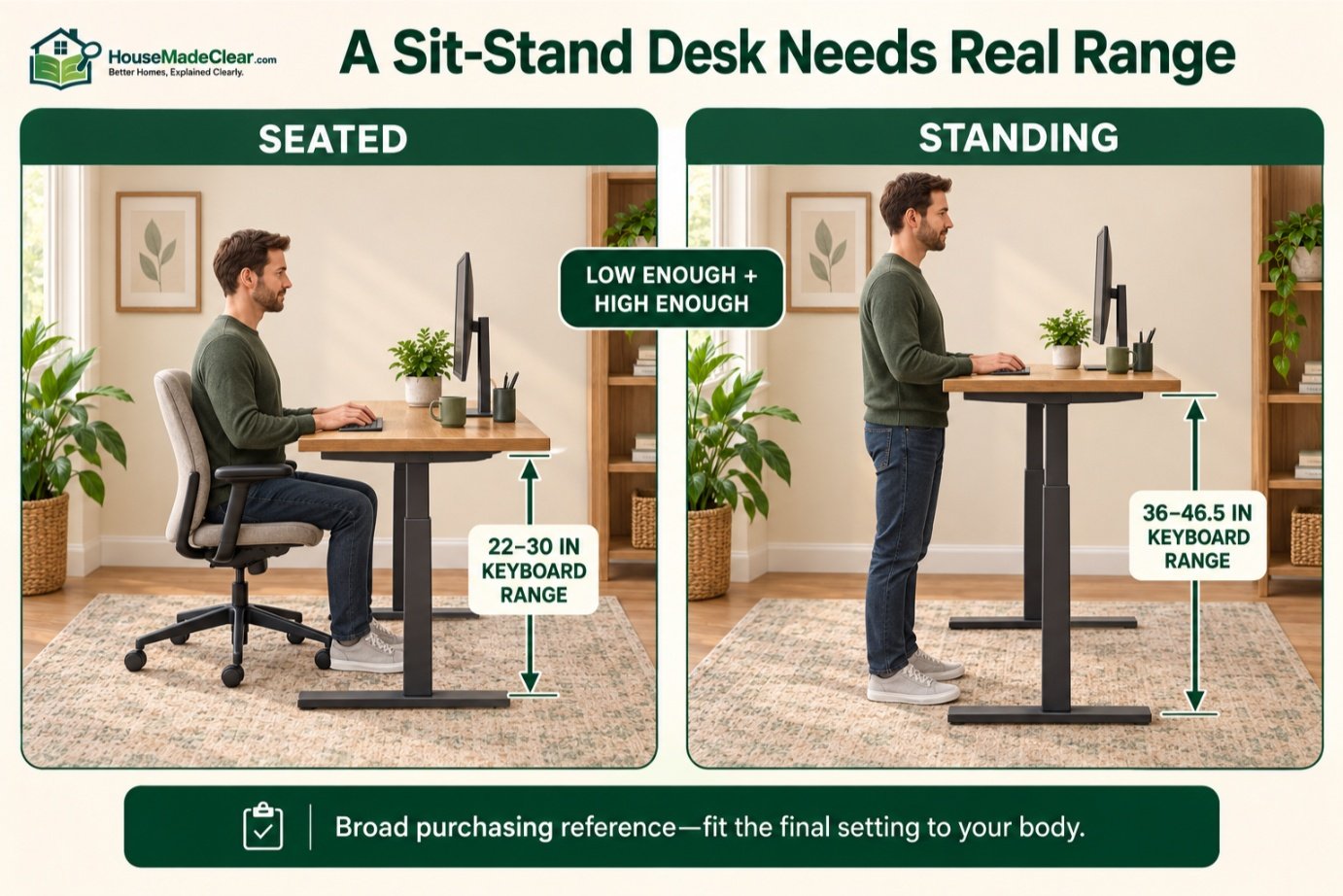 Seated and standing keyboard-height adjustment ranges for a sit-stand desk