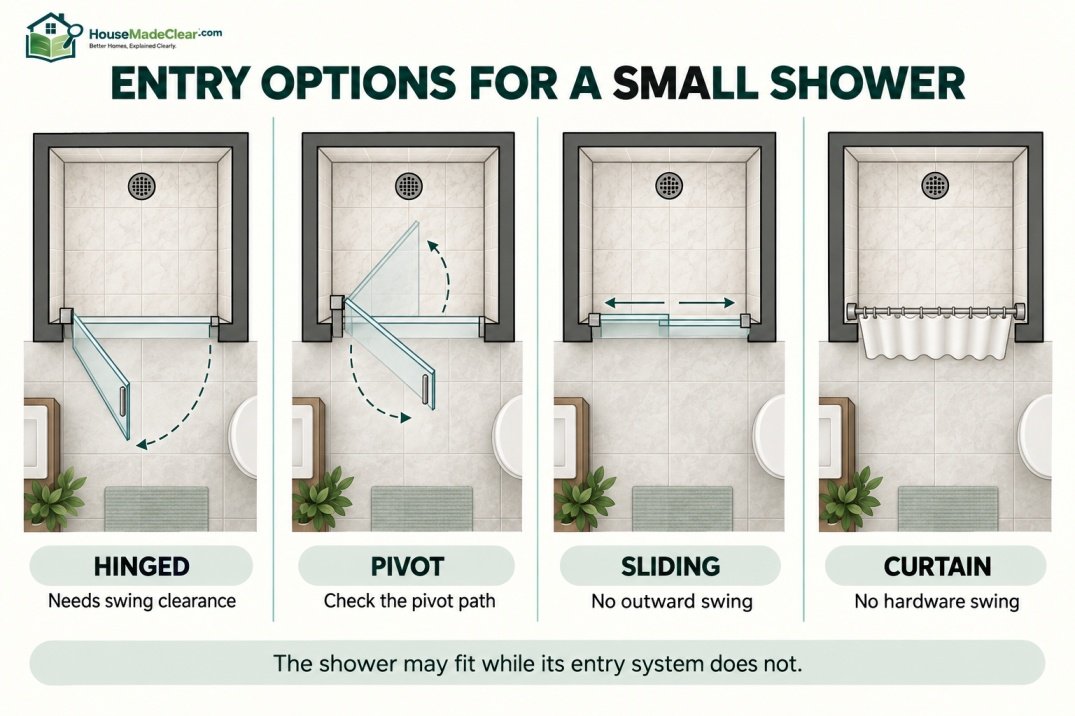 Hinged, pivot, sliding and curtain entry options for a small shower