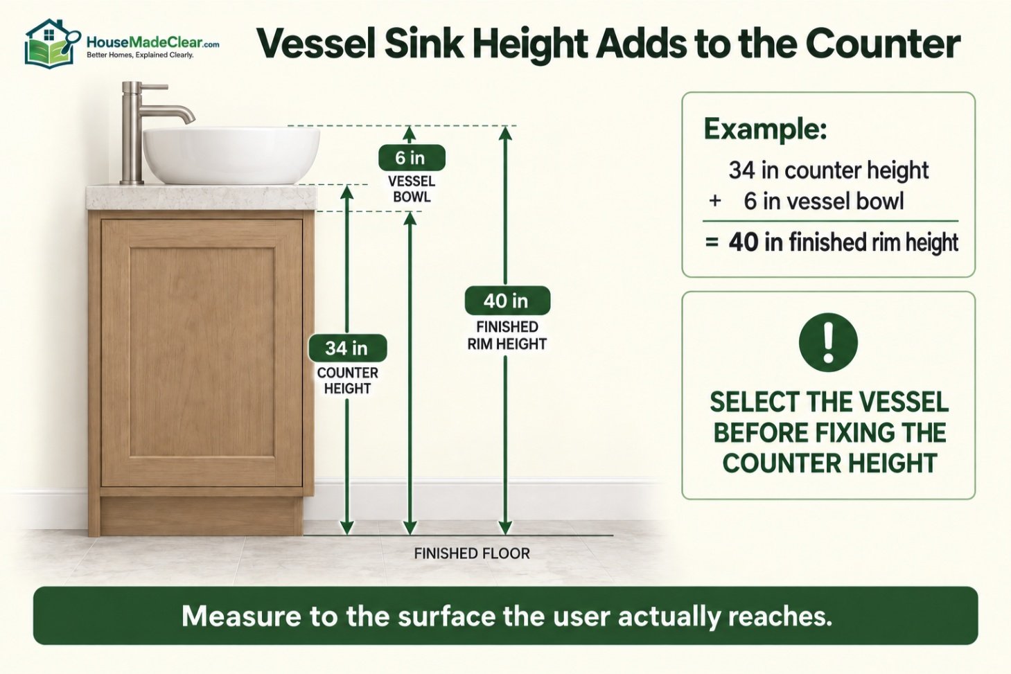 Vessel sink example showing a 34-inch counter plus a 6-inch bowl creating a 40-inch finished rim height