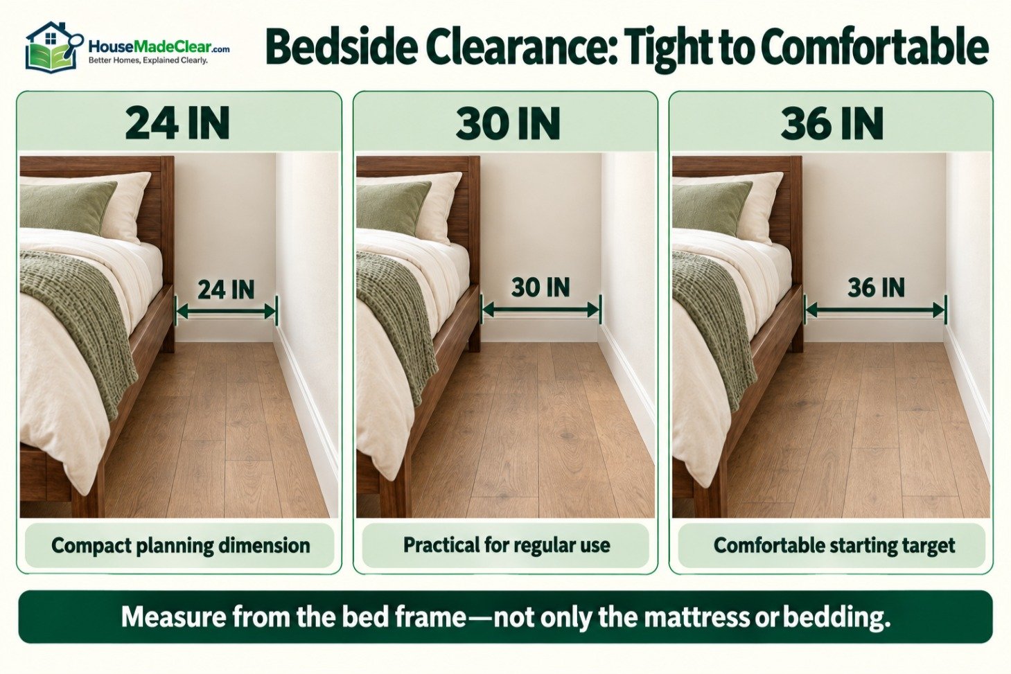 Comparison of 24-inch, 30-inch and 36-inch clear floor space beside a bed